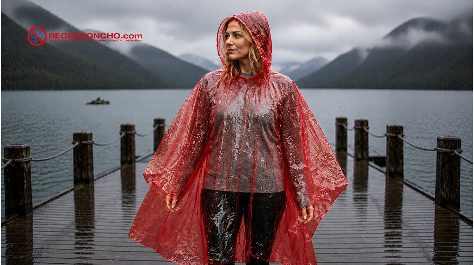 Frau mit rotem transparentem Regenponcho auf einem regnerischen Holzsteg vor einem nebligen Bergsee und Bergen.