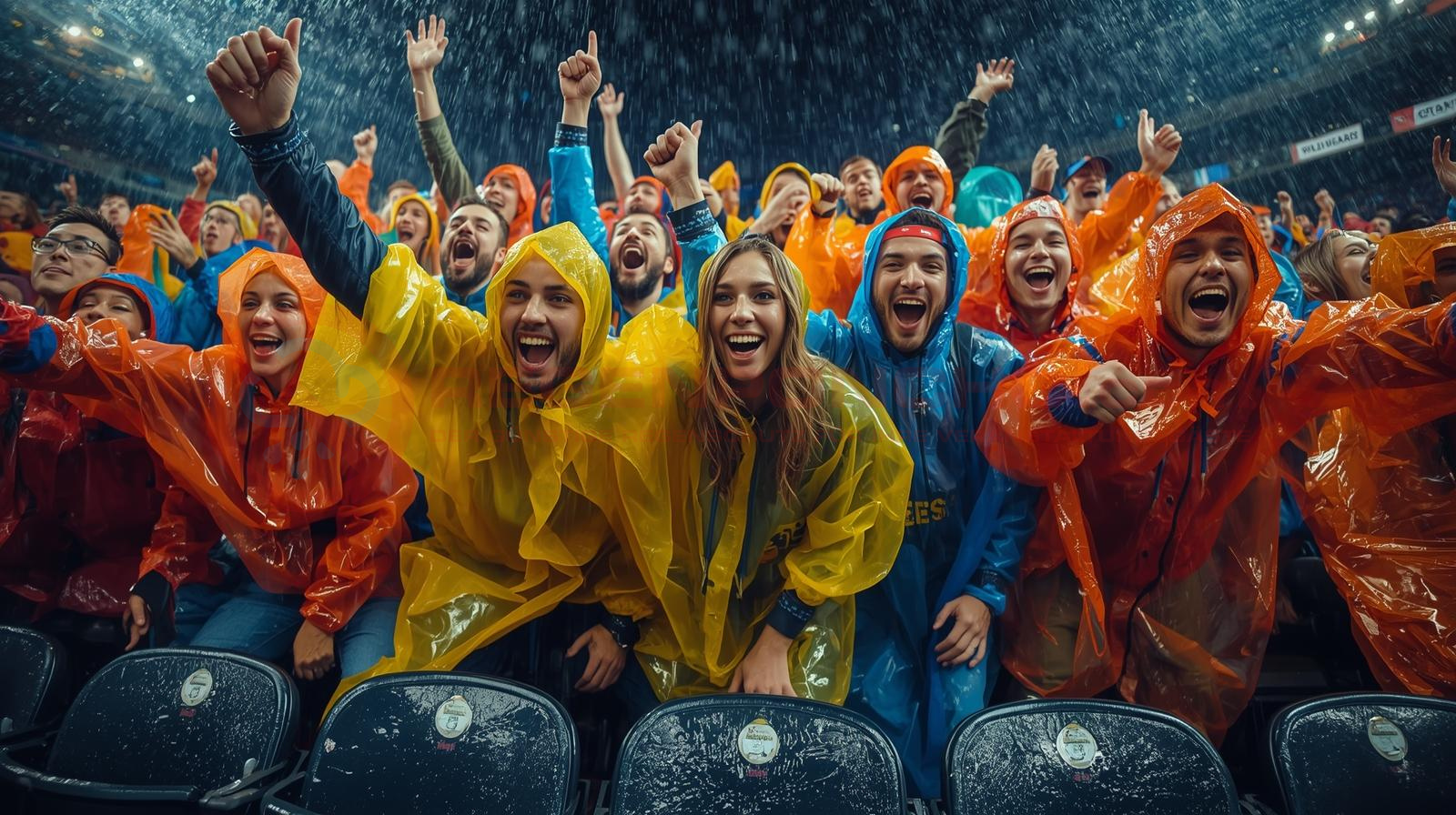 Begeisterte Sportfans im Stadion tragen bunte Einweg-Regenponchos im Regen – Regenponcho für Sportevents und Fußballspiele in Deutschland.
