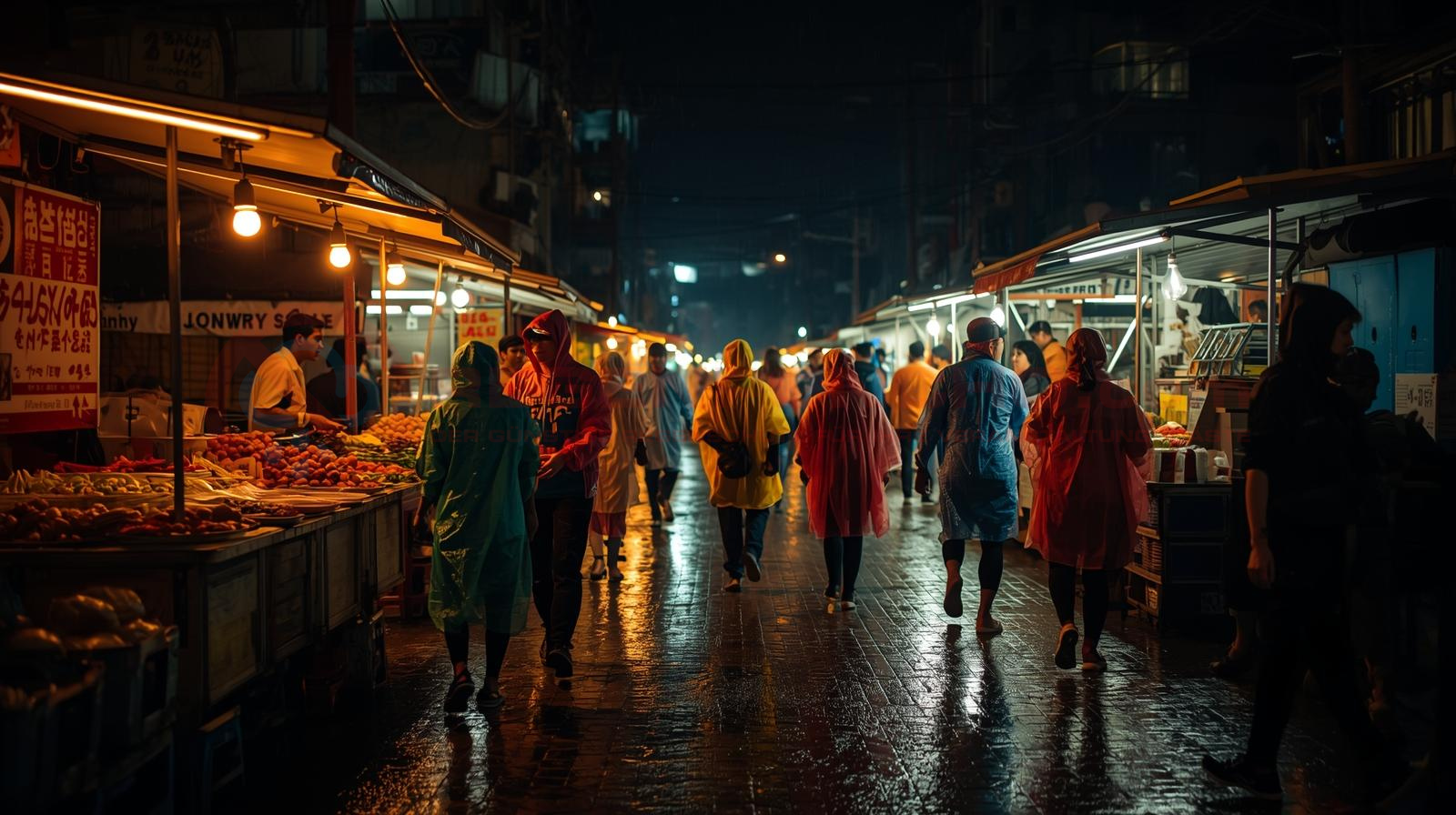 Menschen tragen farbige Regenponchos auf einem Street-Food-Markt bei Regen – Regenponcho für Märkte, Stadtfeste und Weinfeste in Deutschland.