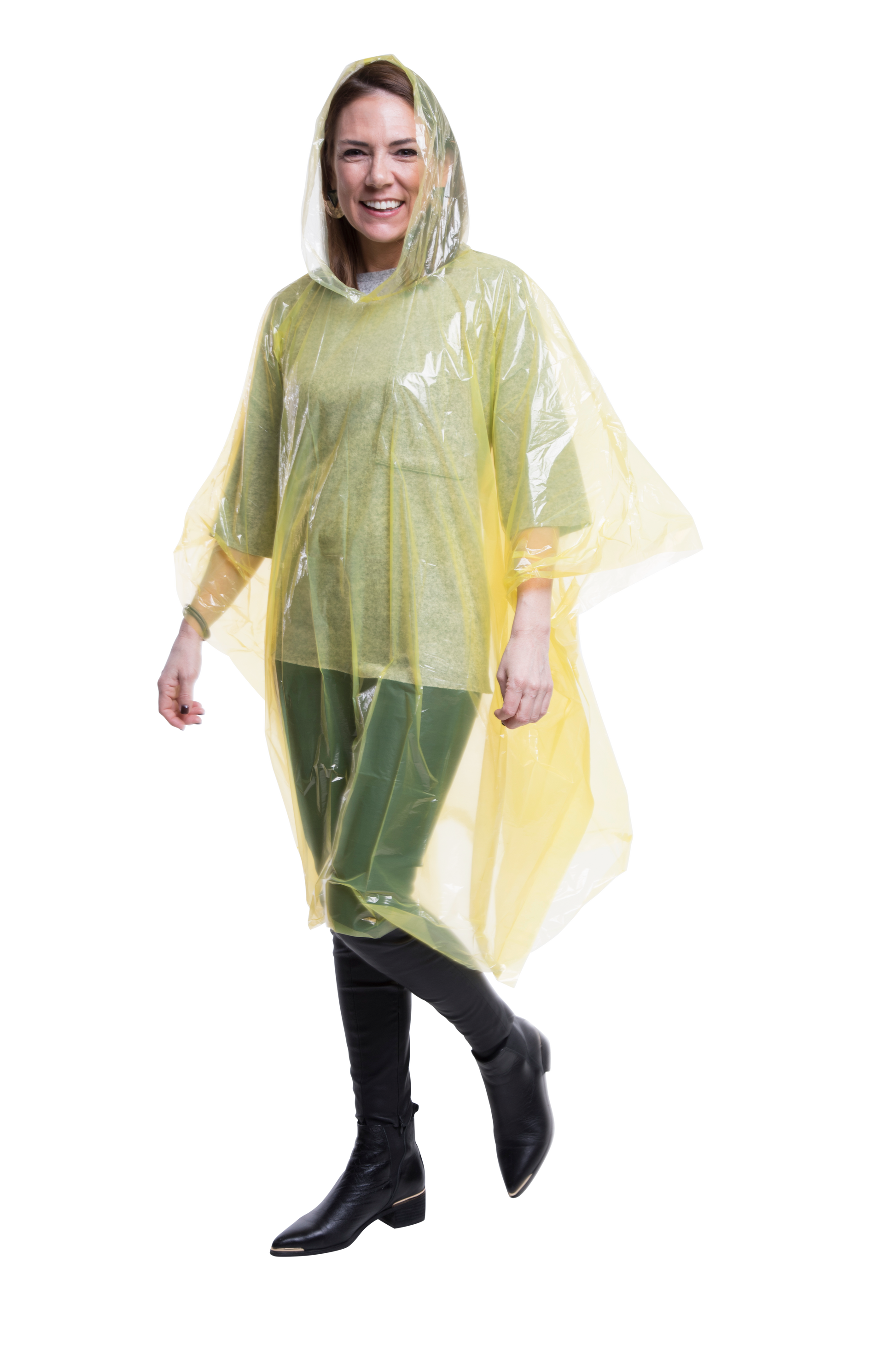 Frau im gelben transparenten Einweg-Regenponcho mit Kapuze – leicht, reißfest und ideal für Festivals, Städte und Veranstaltungen