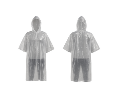 Transparenter Einweg-Regenponcho mit Kapuze – Vorder- und Rückansicht, weiß, unisex, ideal für Veranstaltungen und Outdoor-Nutzung
