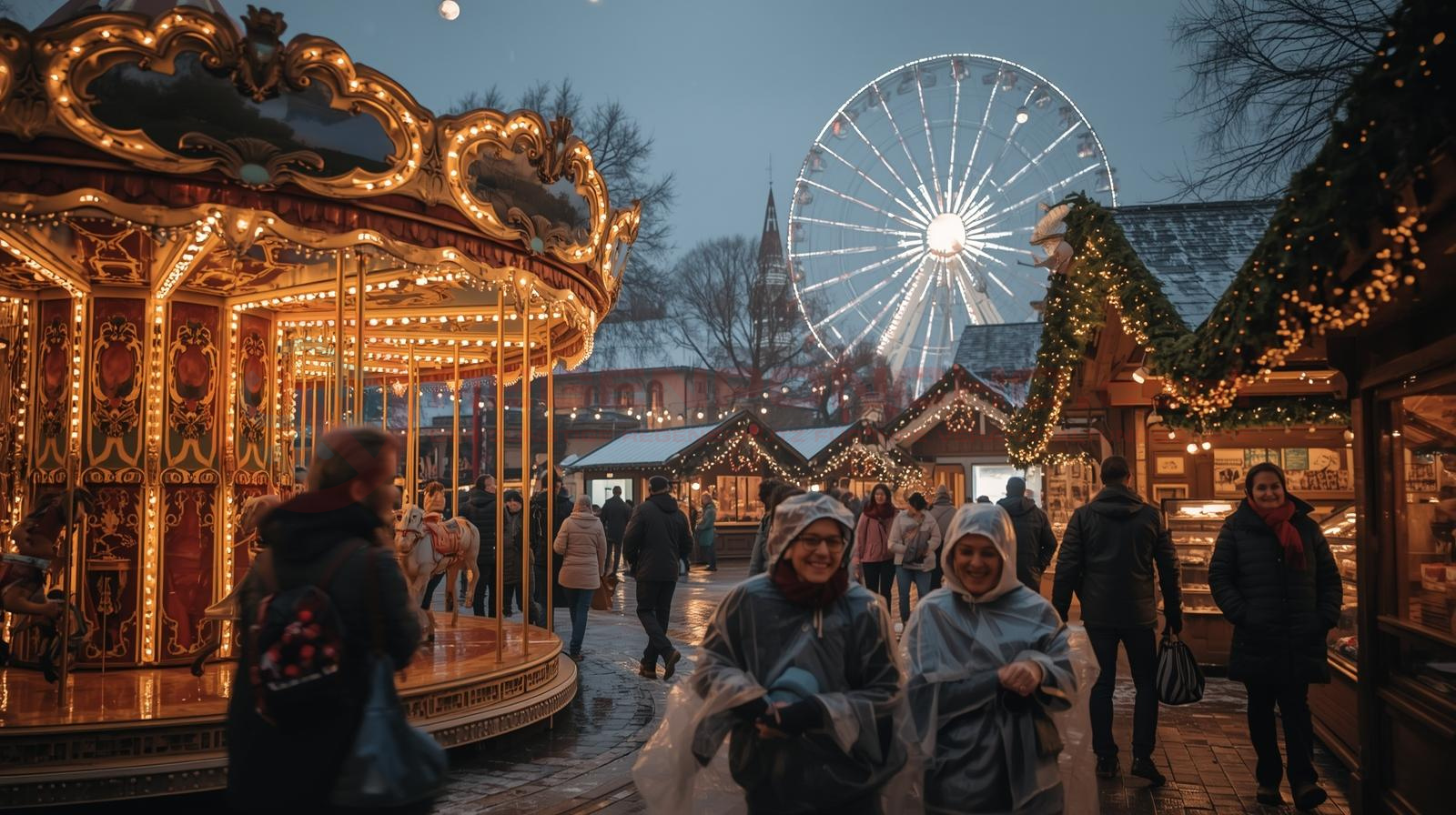 Besucher tragen transparente Einweg-Regenponchos auf einem Weihnachtsmarkt mit Lichtern und Riesenrad – Regenponcho für Volksfeste und Winterevents in Deutschland.