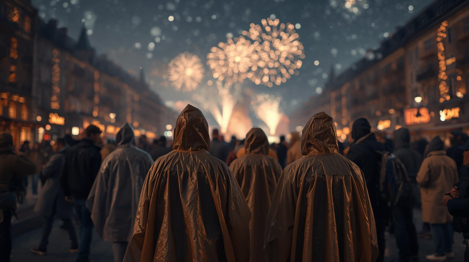 Menschen tragen Regenponchos bei einer winterlichen Outdoor-Veranstaltung mit Feuerwerk zum Jahreswechsel in einer europäischen Stadt