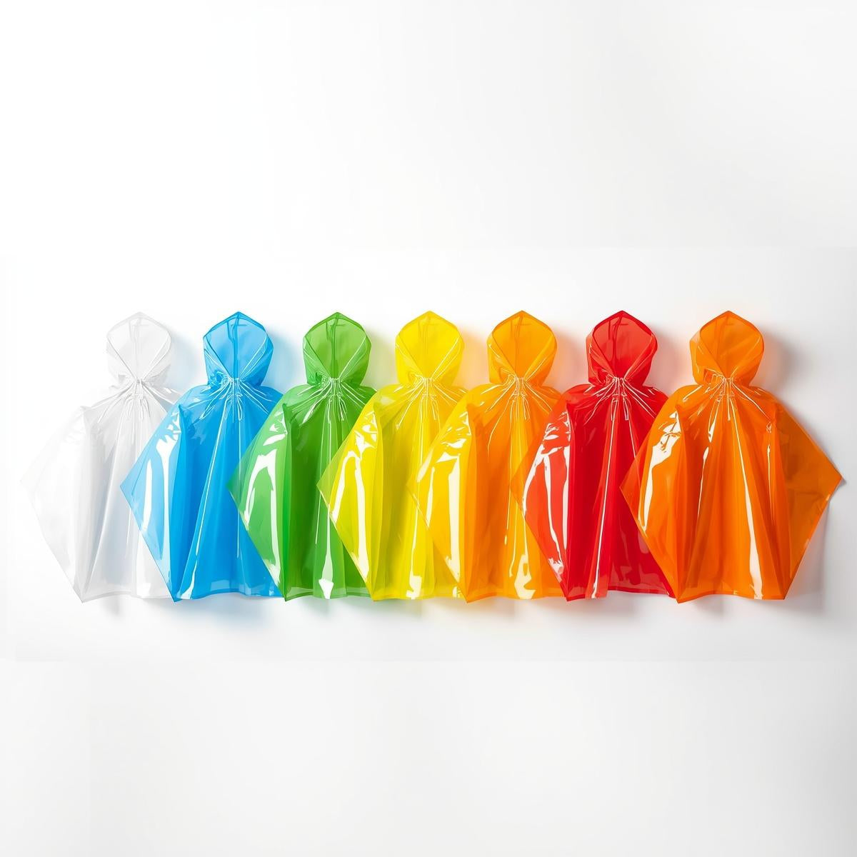 Sechs transparente Einweg-Regenponchos in Weiß, Blau, Grün, Gelb, Rot und Orange, nebeneinander angeordnet. Wasserdichte und leichte Ponchos für Events, Festivals und Outdoor-Aktivitäten in Deutschland.