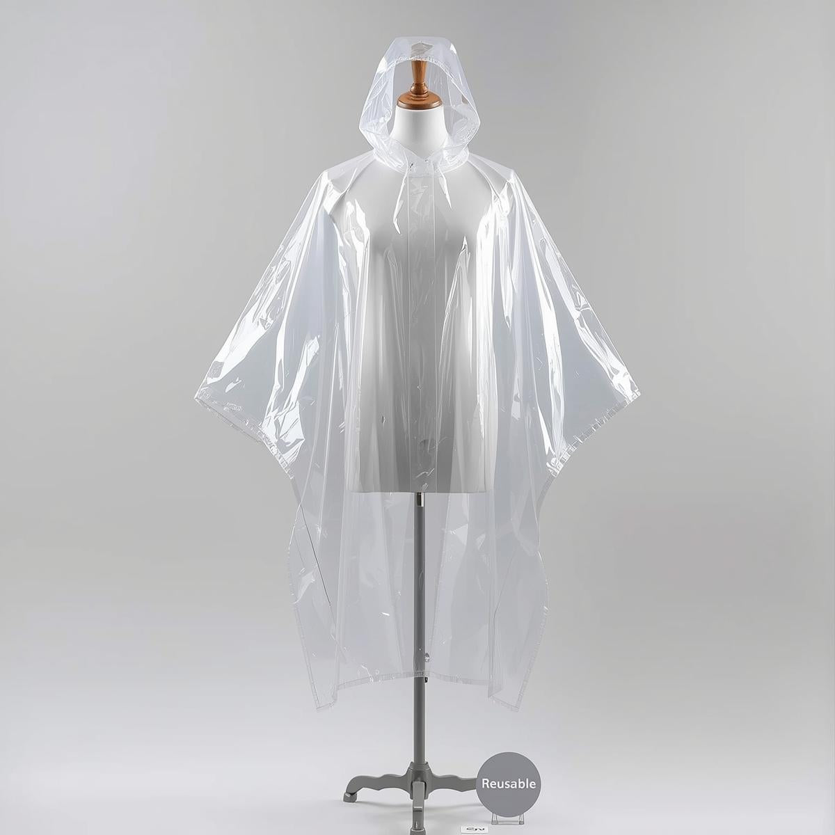 Transparenter Einweg-Regenponcho aus strapazierfähigem PVC, vollständig entfaltet und auf einer Schneiderpuppe präsentiert. Wasserdichter Poncho für Events, Festivals und Outdoor-Aktivitäten in Deutschland.