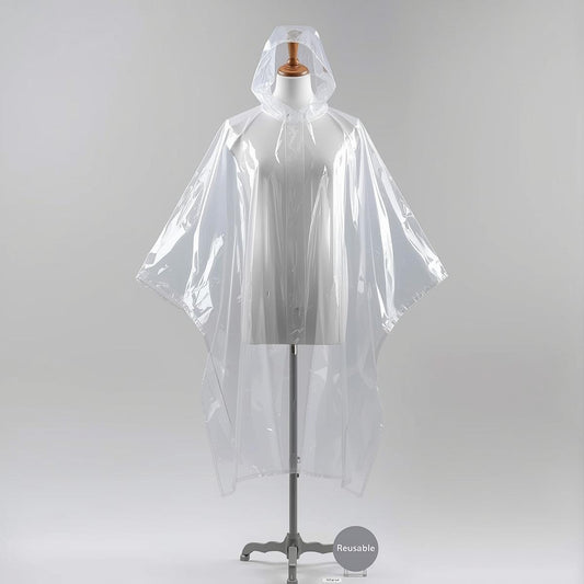 Transparenter Einweg-Regenponcho aus strapazierfähigem PVC, vollständig entfaltet und auf einer Schneiderpuppe präsentiert. Wasserdichter Poncho für Events, Festivals und Outdoor-Aktivitäten in Deutschland.