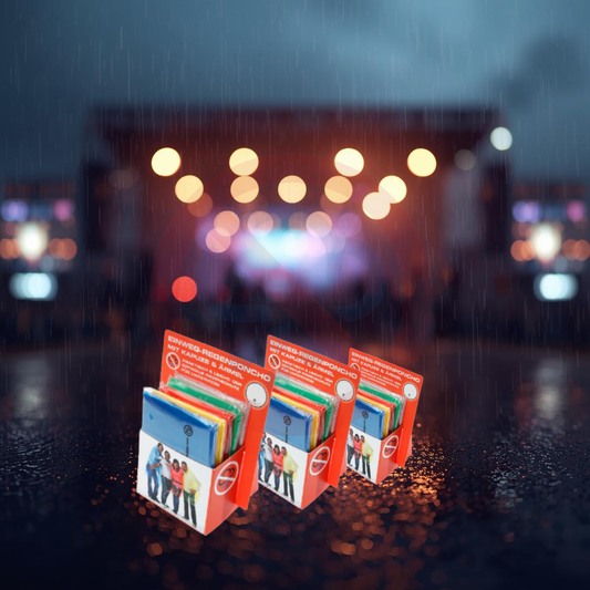 POS Verkaufsdisplay mit Einweg Regenponchos für Events und Festivals – kompakte Lösung für Handel und Veranstalter