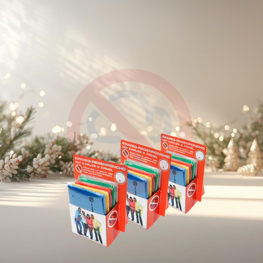 Verkaufsdisplay für Regenponchos mit weihnachtlichem Hintergrund und mehreren farbigen Ponchos für Events und Einzelhandel